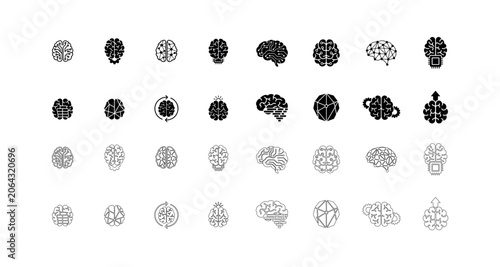 Artificial intelligence brain icons collection with digital neural network circuit and machine learning concepts for smart technology and innovation design.