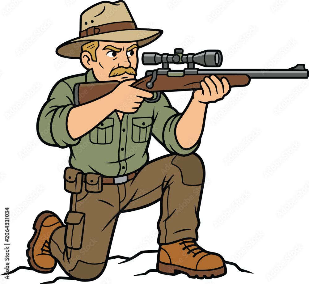 Fototapeta premium Hunter with Rifle Cartoon Character Vector Illustration