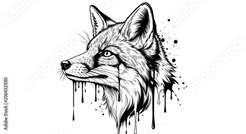 Tableau sur toile Fox profile with artistic black ink drips and splatters