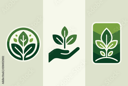 Green eco friendly logo icons with growing leaves and a hand, representing nature, ecology, and sustainability.