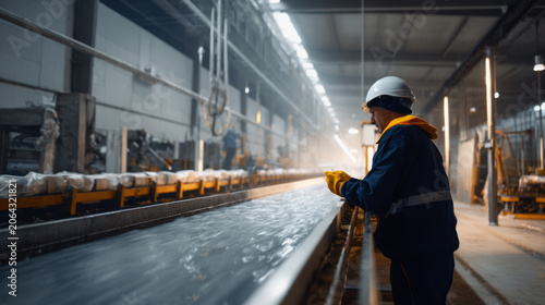Industrial worker supervising aluminum production line in factory