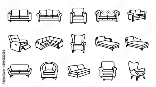 Fotografía Furniture and living room sofa line icons set for interior design home decor apa