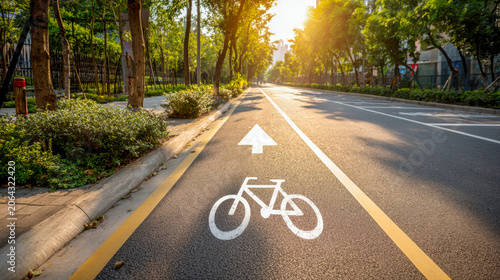 Empty bicycle lane with sun shining through trees