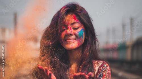 Indian woman celebrating Holi festival throwing colorful powder