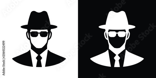 Sleek vector icon of a secret agent or businessman wearing sunglasses and a fedora hat, in black and white variations.