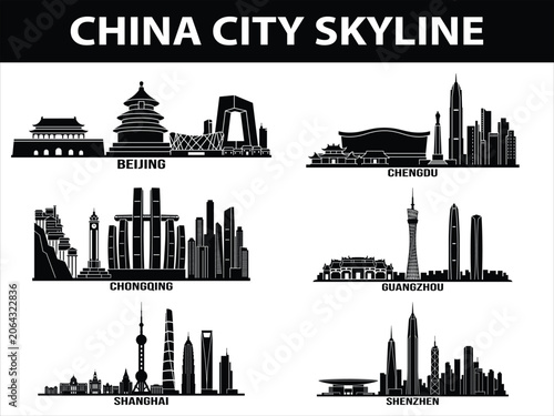 China city skylines landscape set of Beijing, Shanghai, Shenzhen, Guangzhou, Chengdu, and Chongqing.
