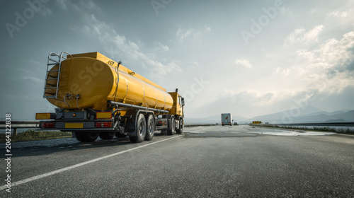 Yellow tanker truck transporting fuel on highway