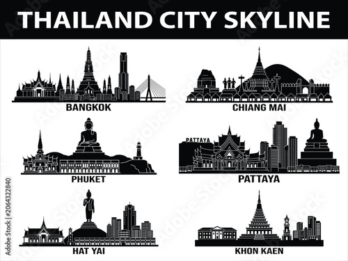 Konstfotografi Black skyline silhouettes of Bangkok Chiang Mai Phuket Pattaya Hat Yai Khon Kaen