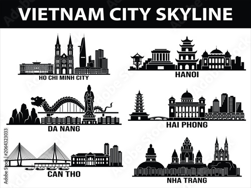 Vietnam city skylines set of Ho Chi Minh City, Hanoi, Da Nang, Hai Phong, Can Tho, and Nha Trang