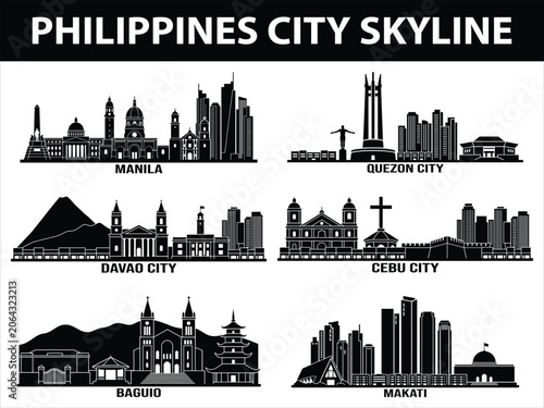 Philippines city skylines set of of Manila, Quezon City, Davao City, Cebu City, Makati, and Baguio.