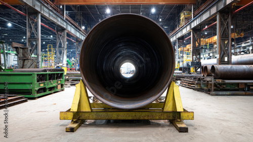 Large steel pipe on supports inside industrial factory