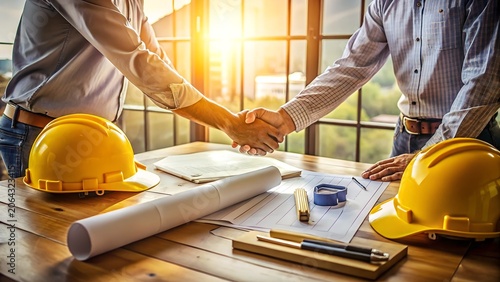 Architects and Contractors Shaking Hands Over Construction Blueprints at Office Desk