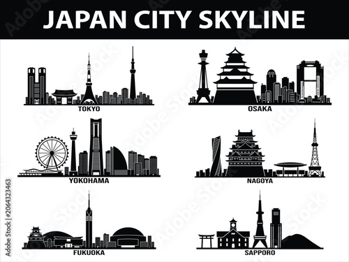 Set of Japan city skylines including Tokyo, Osaka, Yokohama, Nagoya, Sapporo, and Fukuoka.