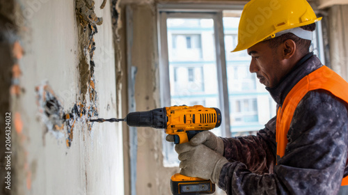 Construction worker drilling wall during home renovation