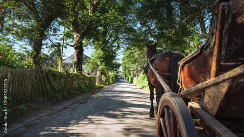 Horse pulling carriage on rural village road