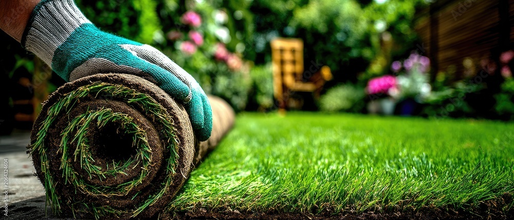 Naklejka premium Hands work to unroll sod on brown soil in a green space under a bright sky with yellow equipment nearby