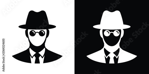Schilderij op canvas Graphic vector silhouette of a vintage-style detective with round glasses and a hat, in dual black and white tones