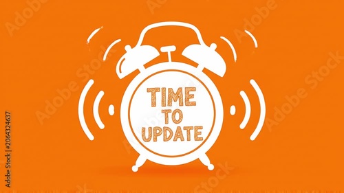Time to update message on ringing alarm clock, white line art illustration on orange background, software upgrade and system maintenance concept