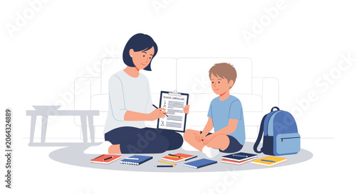 A teacher or mother helps a young student with homework and school supplies in a flat minimal illustration for back to school education and learning support