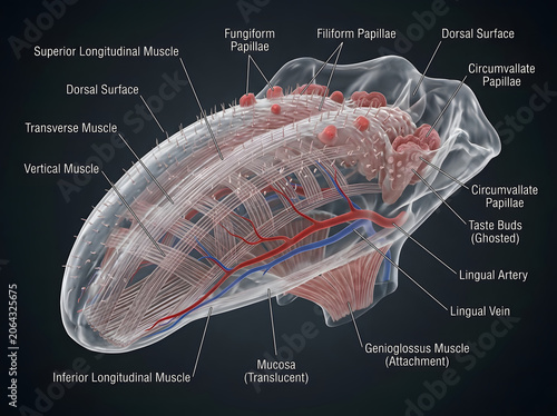 Anatomical view of the human tongue with labels for muscles and blood vessels, physiology
