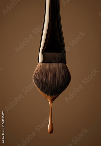 Makeup brush dripping liquid foundation against a brown background