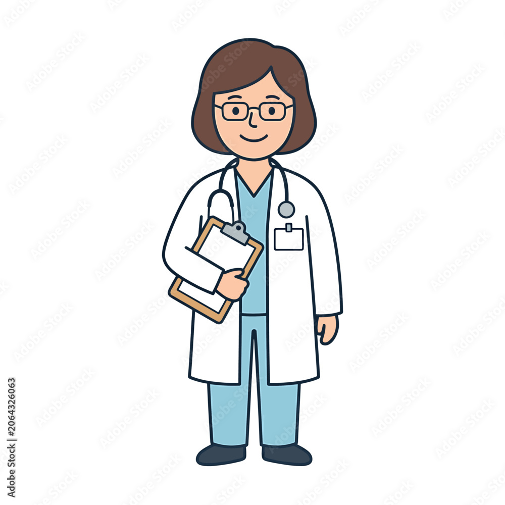 Fototapeta premium Friendly Female Doctor Holding Medical Clipboard Wearing White Lab Coat and Stethoscope