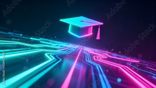 Graduation cap on abstract digital circuit board, education concept.