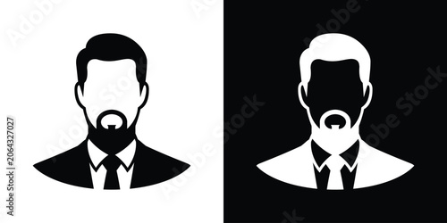 Foto Sleek graphic illustration of a modern businessman profile avatar featuring a groomed beard and stylish suit, presented in dual black and white versions
