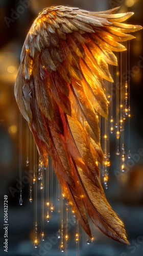 Epic Golden Angel Wing Luxurious Radiant Feathers with Sparkling Crystal Droplets. Divine fantasy art for high-end design, fashion & events.
