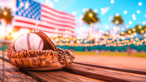 Epic American Baseball Dream Glove, Ball, Patriotic Flag & Festive Bokeh Lights. Perfect for summer sports, holiday ads, & events.