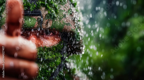 Soldier Jungle Rain Camouflage Background Close-up face showing thumbs up. Dramatic military scene for news, gaming & movie posters.