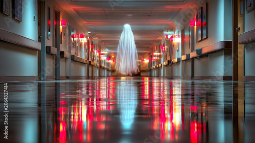 Spooky Ghost in Neon Hospital Corridor Background. Eerie Cinematic Thriller Scene for horror films, Halloween promotions & games.