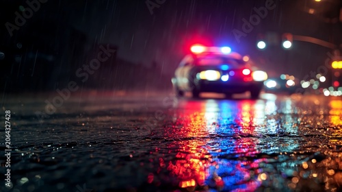 Vibrant Emergency Night Police Car Lights Reflect on Wet City Street. Epic Urban Drama Background for Film, News & Thrillers.