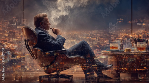 Successful Businessman City Background Executive smoking cigar. Epic scene of luxury & wealth for financial ads, book covers & branding.