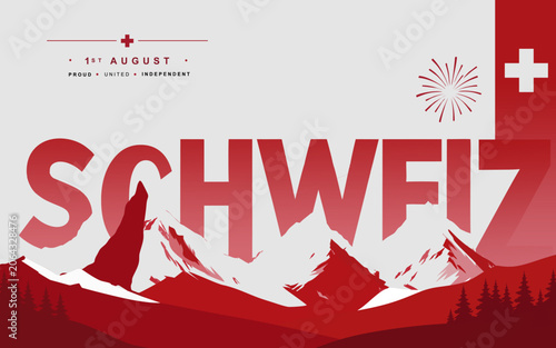 Quadro su tela Swiss National Day 1 August Celebration Banner with Alpine Mountain Landscape