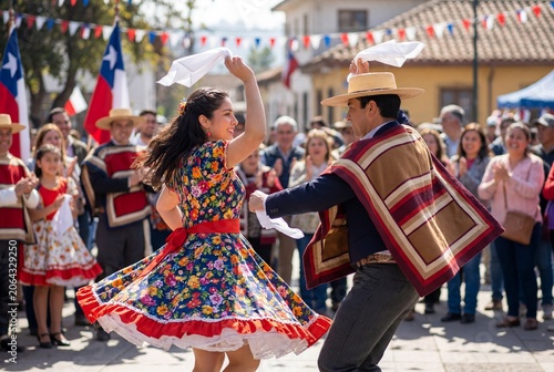 Chilean people celebrating fiestas patrias, a couple performing traditional cueca folk dance in a vibrant street festival