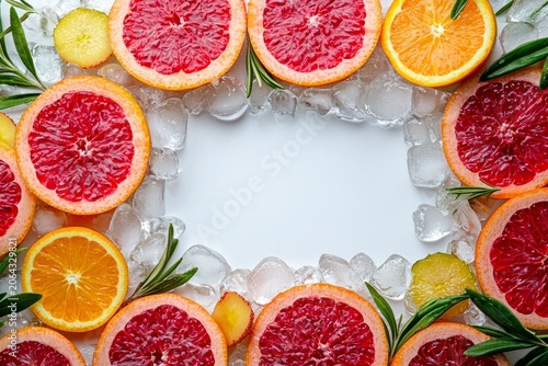 A refreshing composition of citrus fruits and ginger surrounded by ice, perfect for inspired drink recipes and invoking a sense of coolness and wellness during hot summer days.