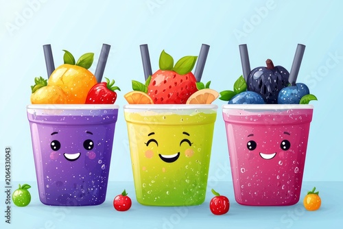 A delightful trio of colorful smoothies topped with vibrant fruits and served in cheerful containers, ideal for summer parties or promoting healthy dessert options.