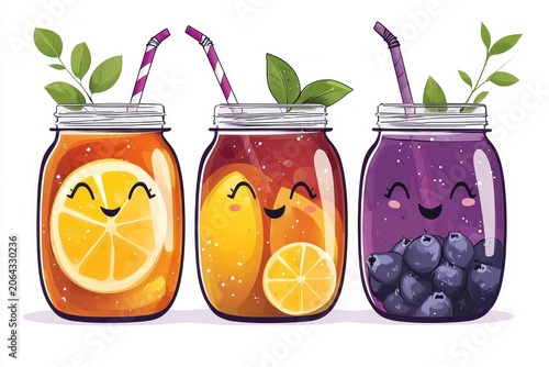 This colorful illustration features three smiling jars filled with refreshing fruit drinks, showcasing vibrant fruits like lemons, blueberries, and tea in a joyful and whimsical style.