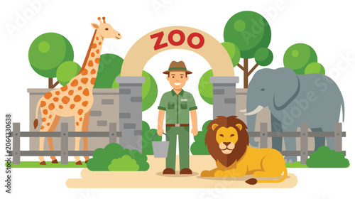 Bild auf Leinwand Zoo keeper character with giraffe and lion in enclosure.