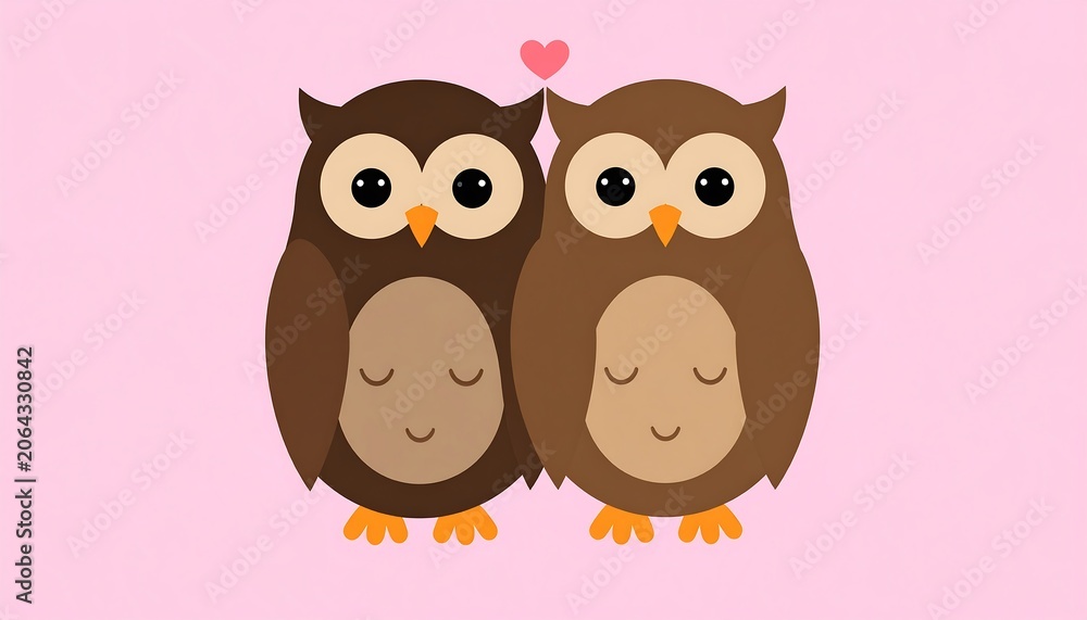Obraz premium Cute cartoon owls sitting together with a small heart symbol