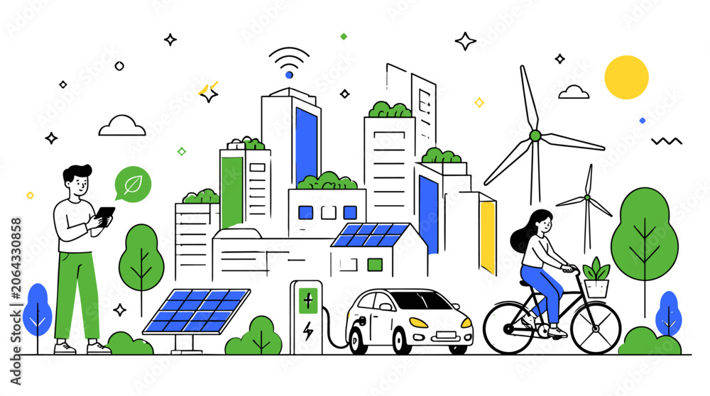 Fototapeta premium Eco-Friendly City Illustration with Renewable Energy and Green Transportation