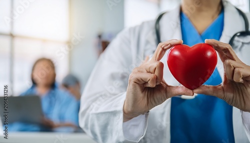 doctor holding a red heart at hospital office medical health care and doctor staff service concept blurred high quality photo