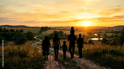 Silhouette of multigenerational family walking on rural path during golden sunset in countryside landscape with hills and fields