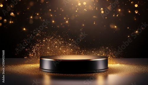 elegant black cylindrical podium on dark background surrounded by shimmering golden particles for luxury presentation