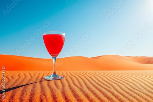 A vibrant cocktail glass in a vast desert symbolizes a refreshing oasis, blending vibrant colors with the starkness of the landscape, representing life's vibrance amidst challenges.