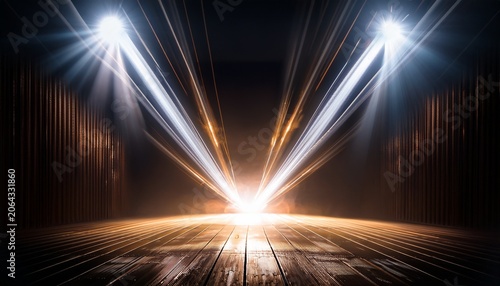 stage spotlights along a track casting bright beams of light into a dark room concept stage lighting track spotlights beams of light dark room drama theatrical mood