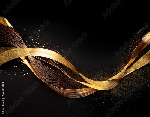 golden glitter wave ribbons on black luxury abstract background