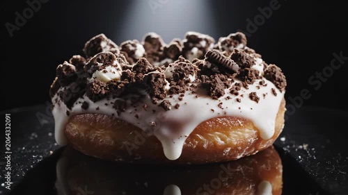 Chocolate donut with creamy glaze and crumbs close up