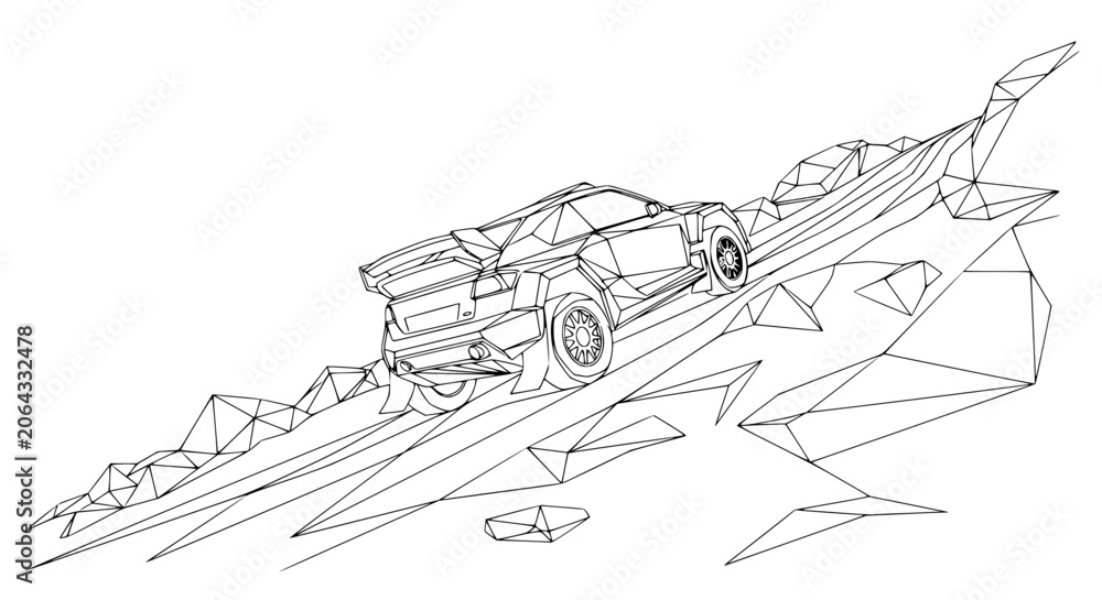 Obraz premium Geometric sports car climbing steep rocky mountain, wireframe illustration, abstract concept